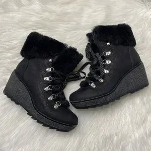 J. Crew | Shoes | J Crew Womens Nordic Wedge Winter Boots  J Crew Womens boots Black nubuck leather Nordic wedge ankle lace faux fur SZ 8 main image 1